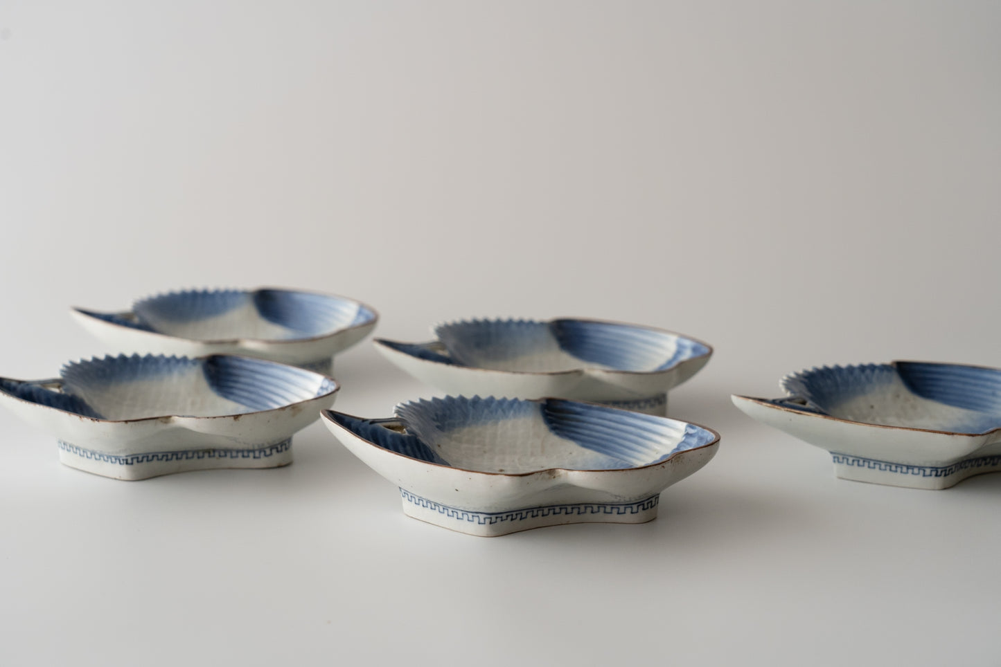 A set of 5 crane-shaped mukozuke dishes, Imari ware, Ai-Kutani type