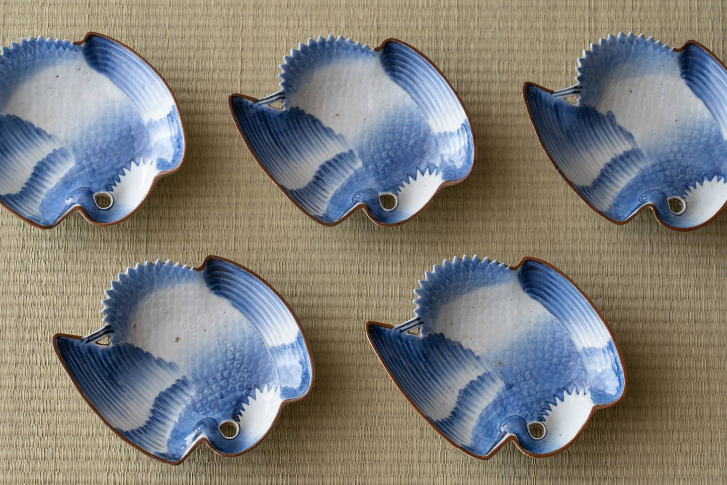 A set of 5 crane-shaped mukozuke dishes, Imari ware, Ai-Kutani type