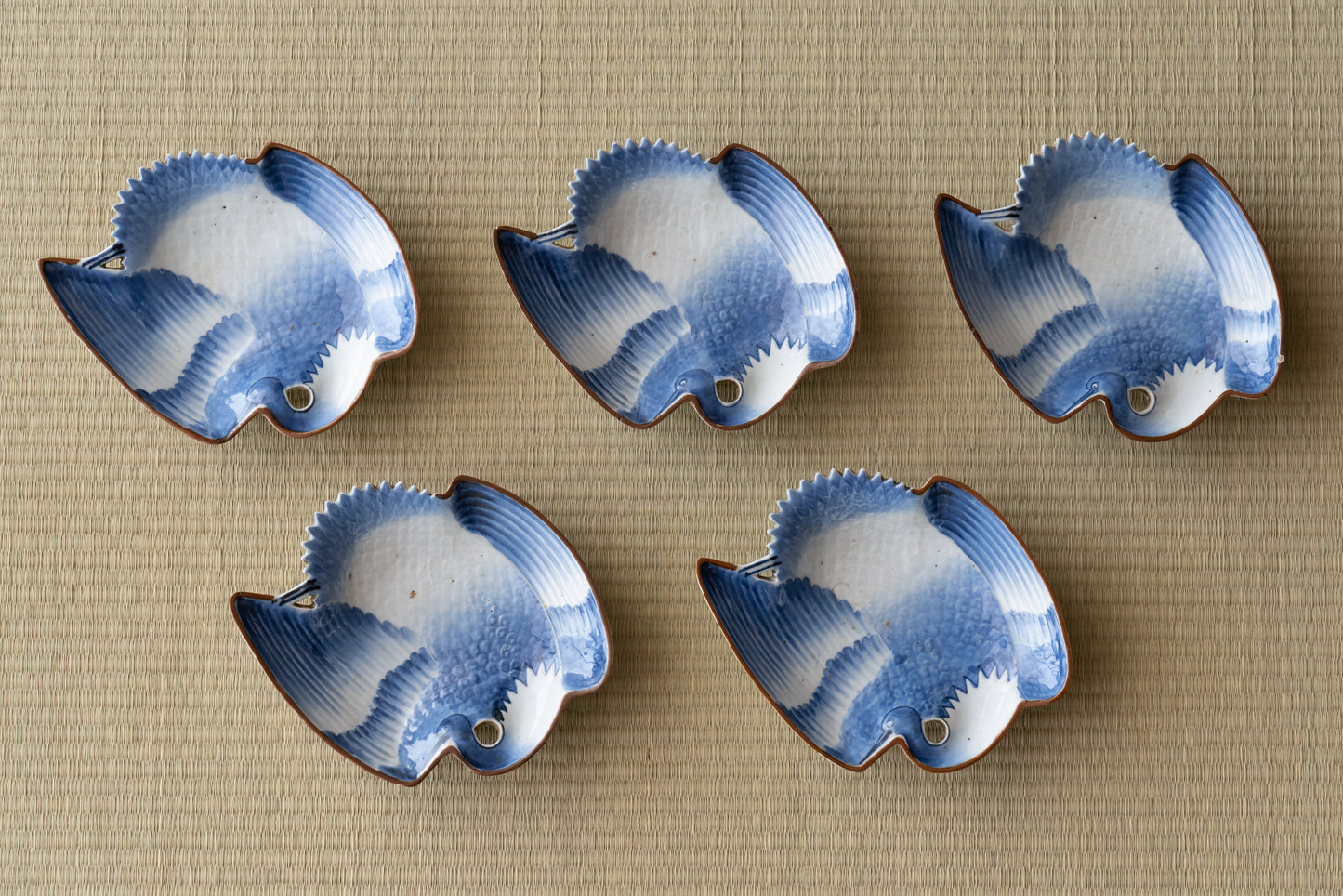 A set of 5 crane-shaped mukozuke dishes, Imari ware, Ai-Kutani type