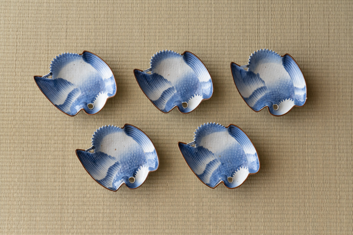 A set of 5 crane-shaped mukozuke dishes, Imari ware, Ai-Kutani type