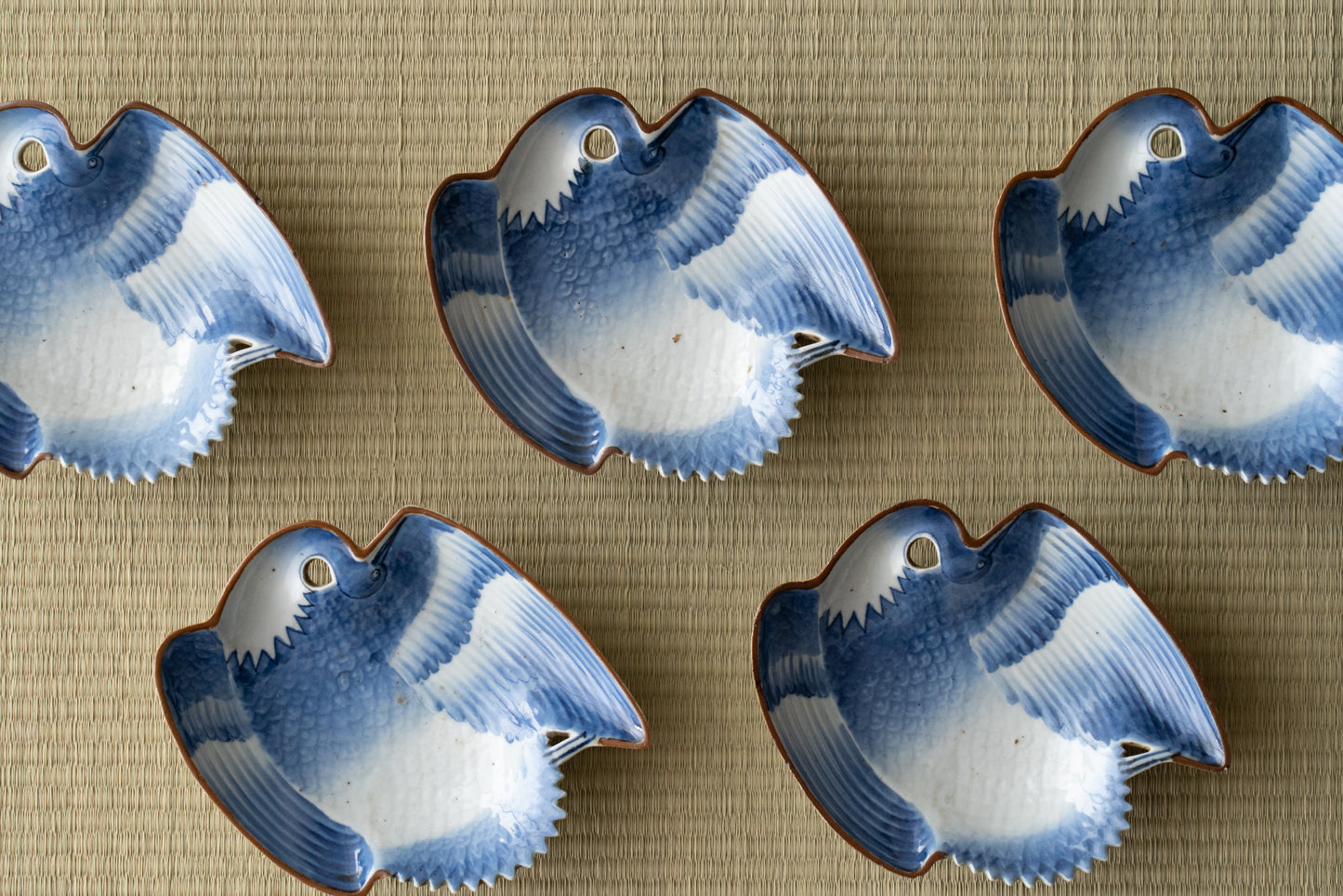 A set of 5 crane-shaped mukozuke dishes, Imari ware, Ai-Kutani type