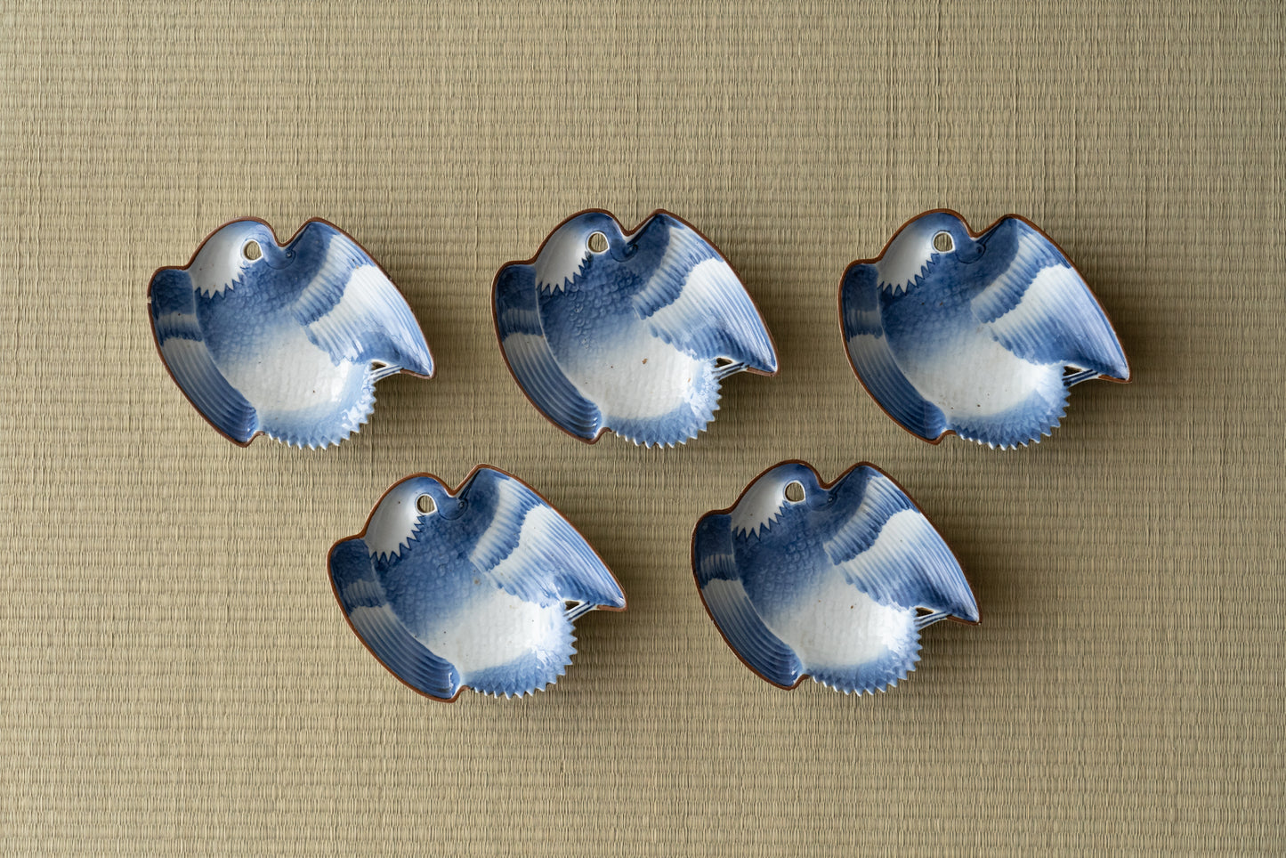 A set of 5 crane-shaped mukozuke dishes, Imari ware, Ai-Kutani type