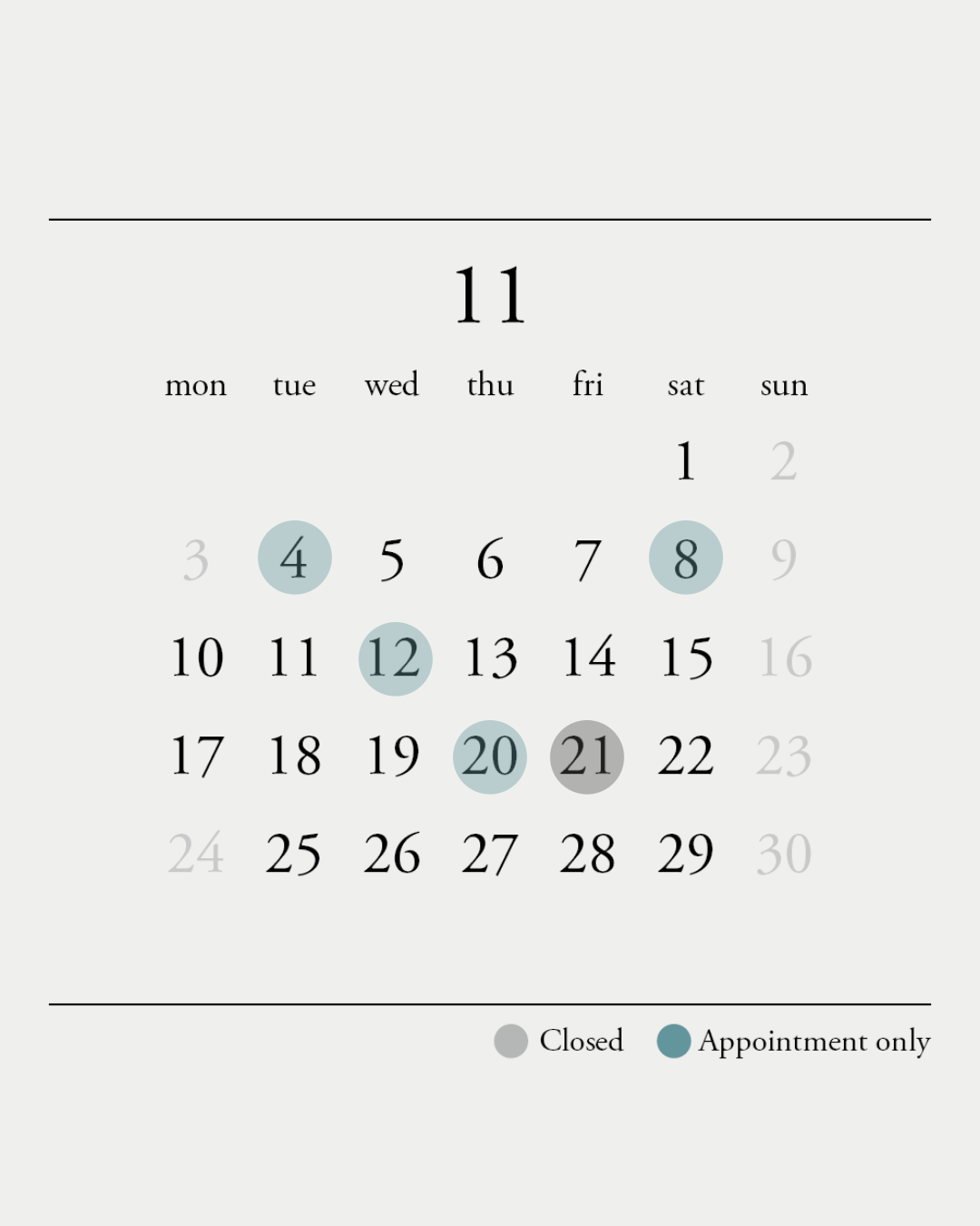 11月の店舗営業日とウェブ特集のお知らせ