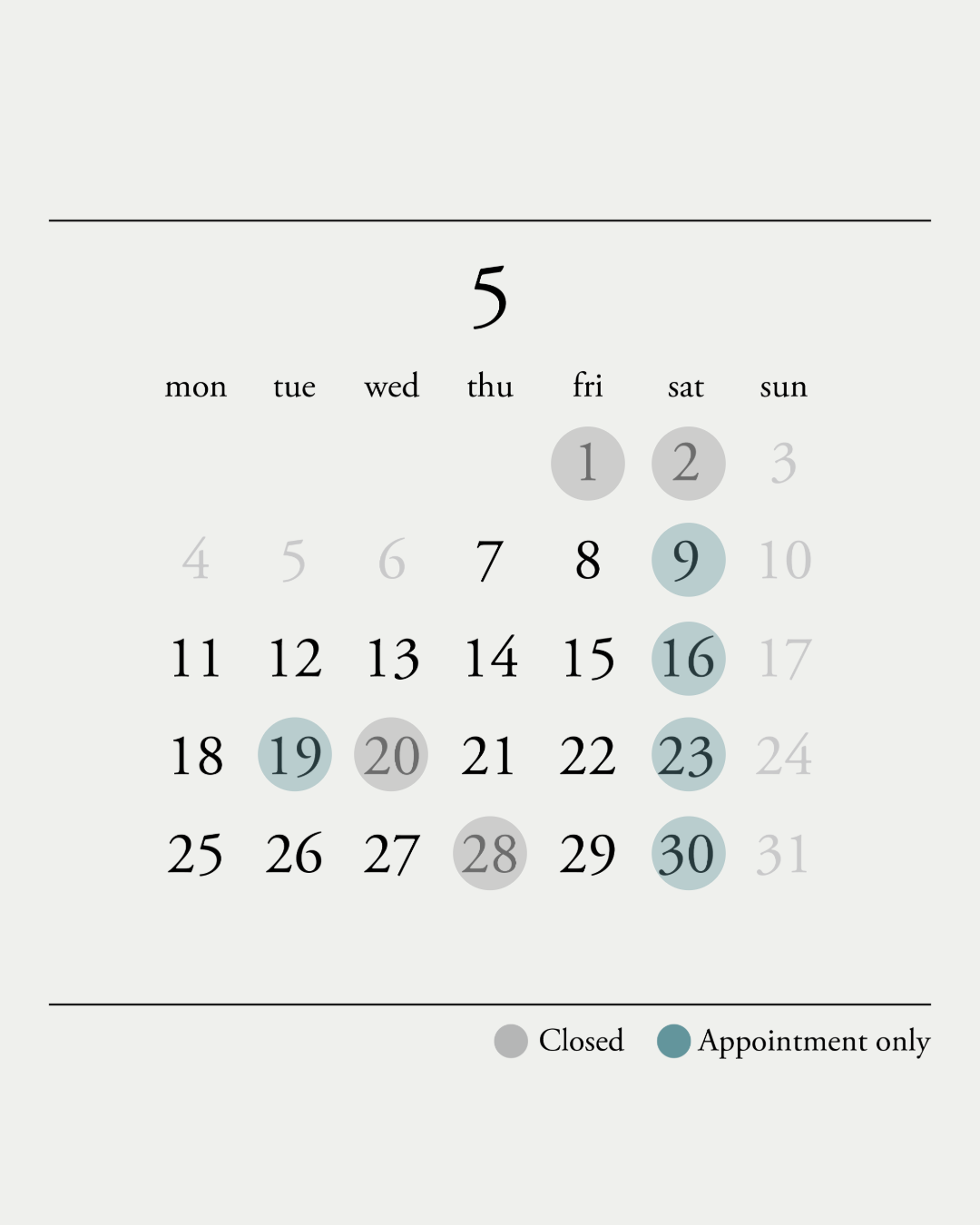 5月の店舗営業日のご案内