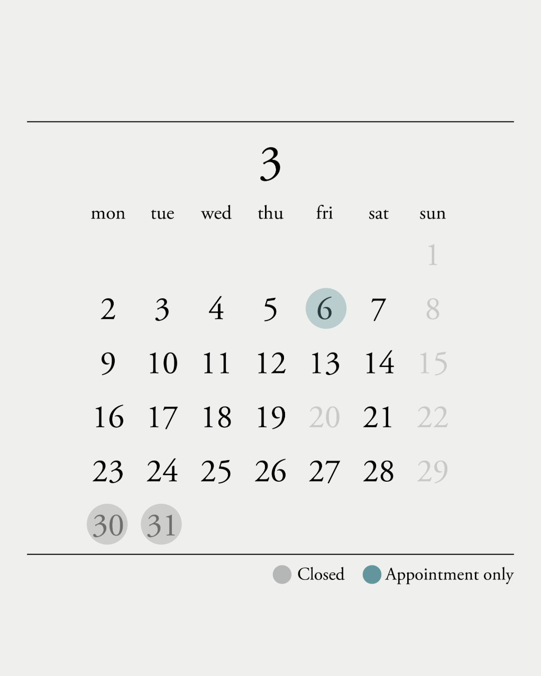 3月の店舗営業日のご案内