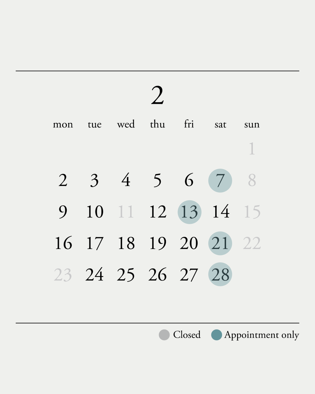 2月の店舗営業日のご案内