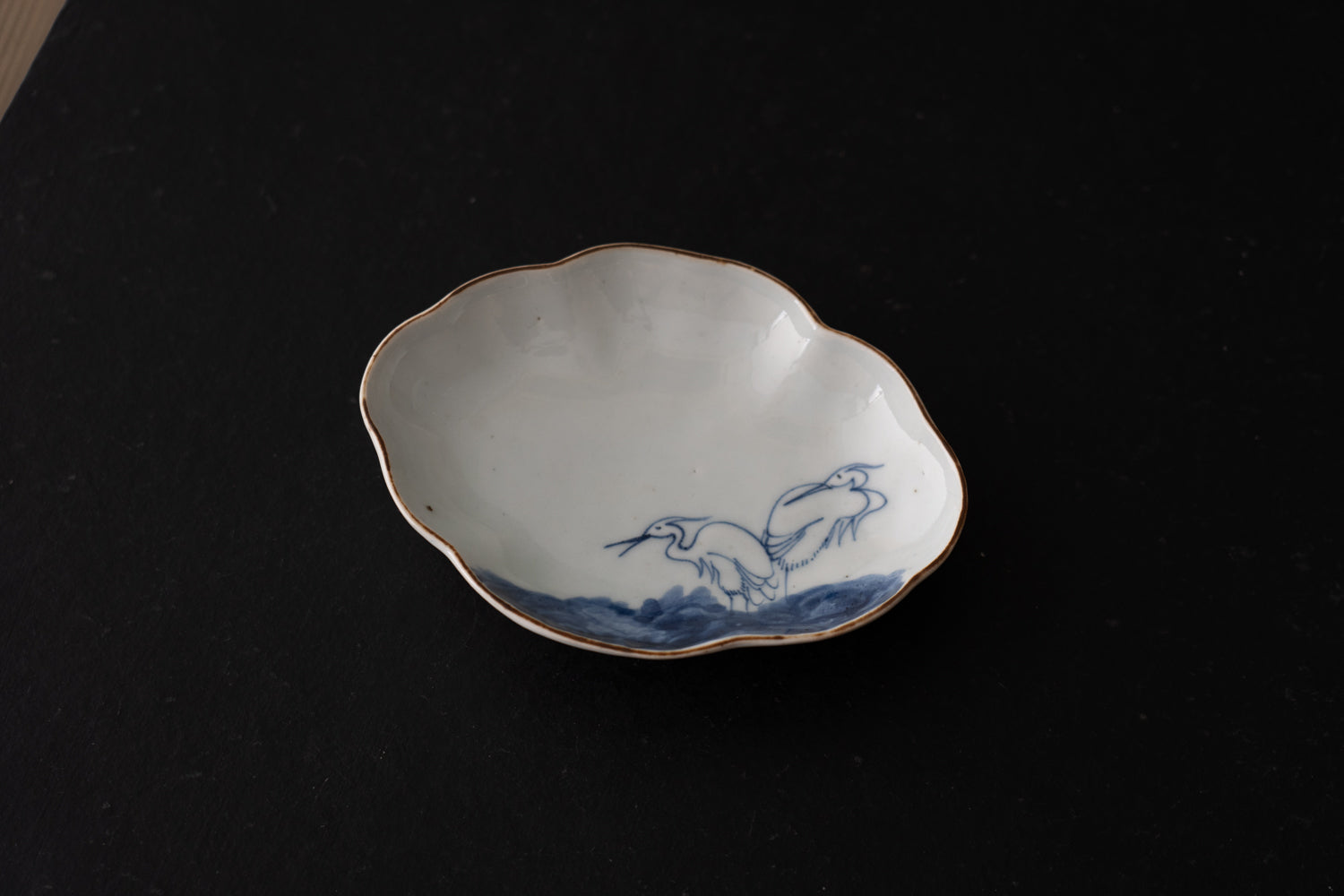 藍九谷木瓜形鷺文皿