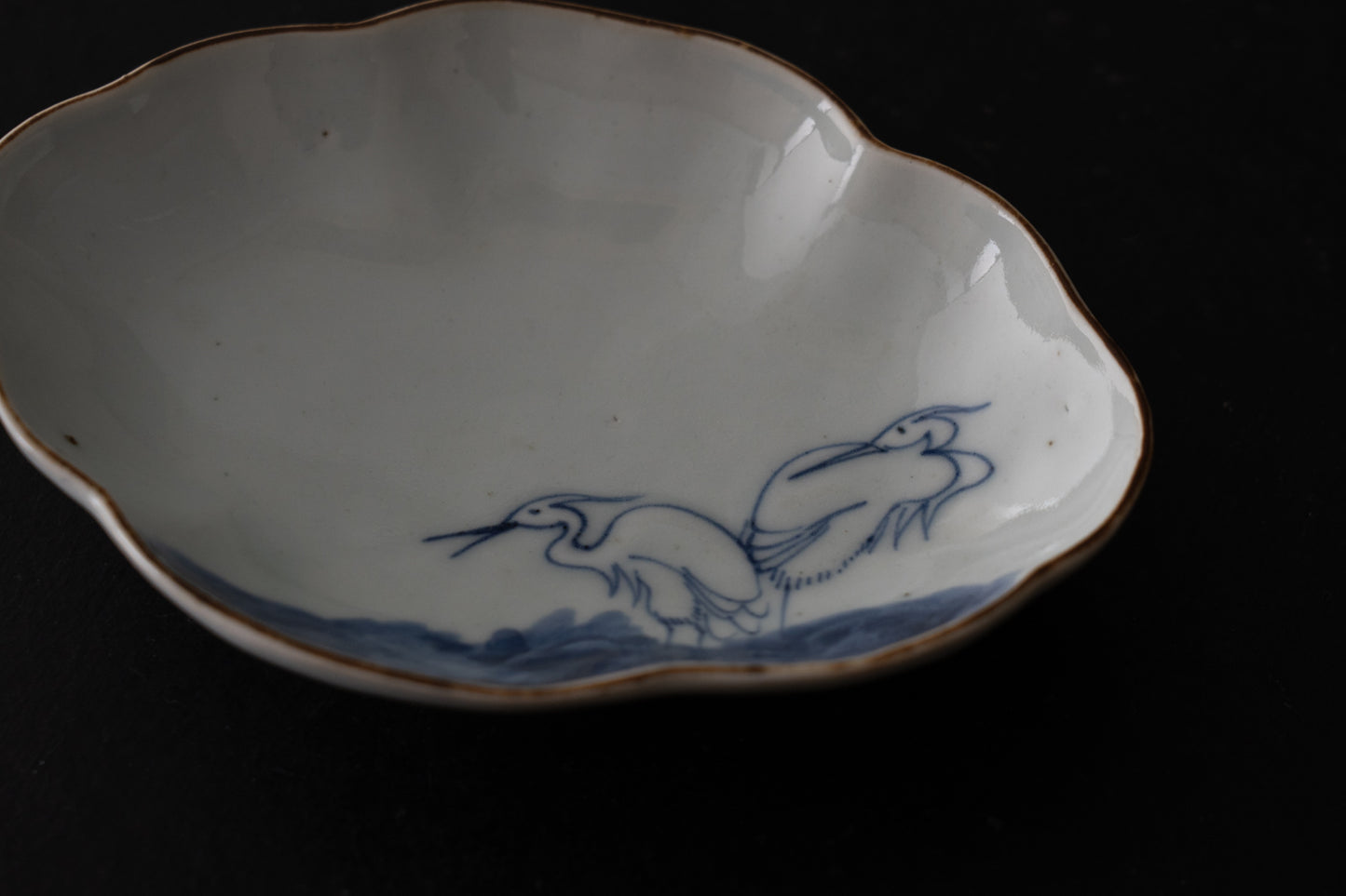 藍九谷木瓜形鷺文皿