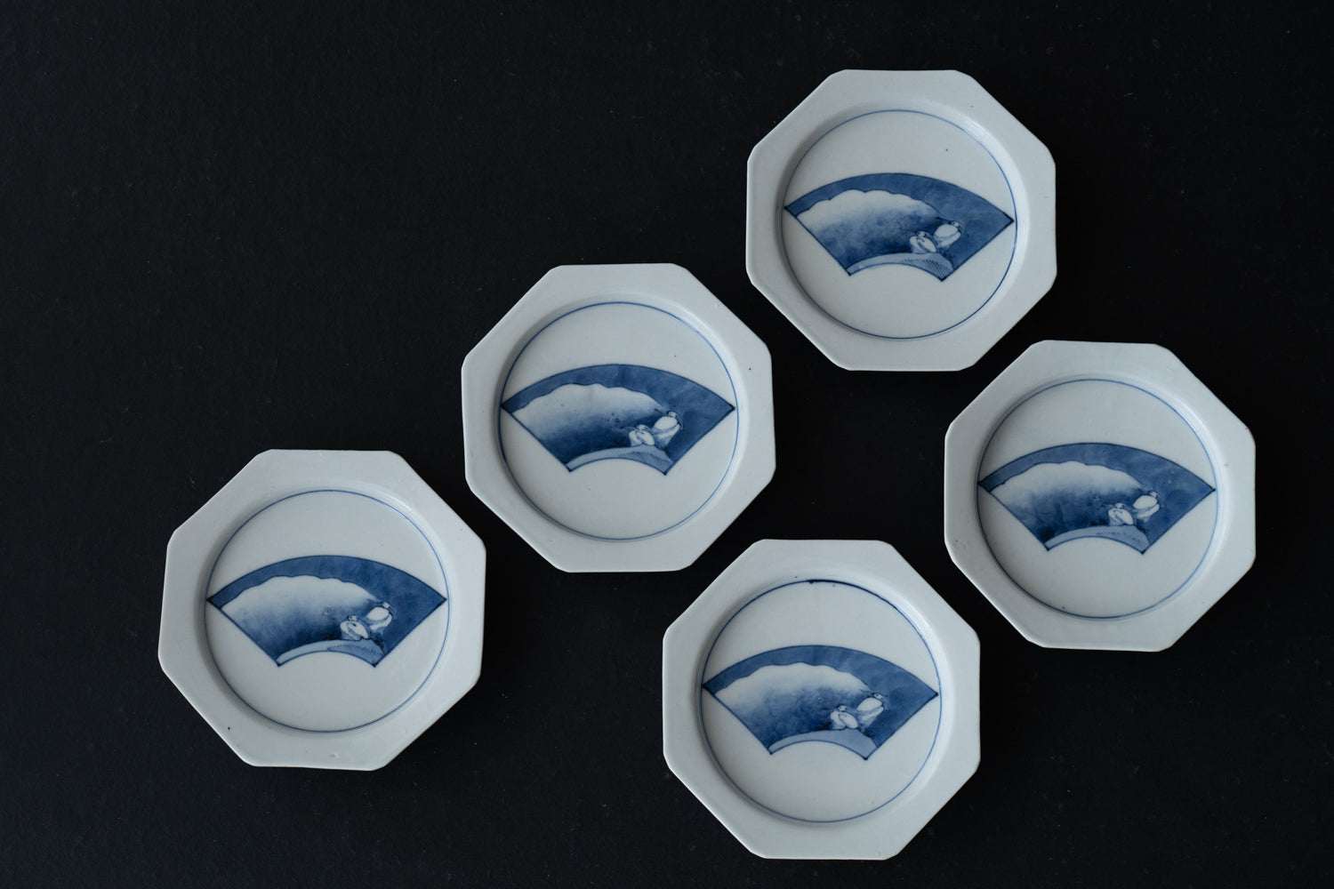 藍九谷扇面鷺文皿五客組