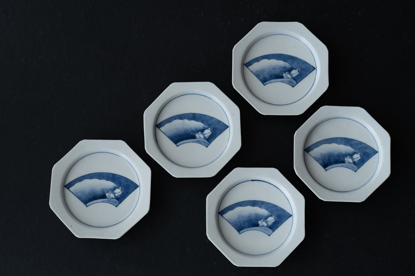 藍九谷扇面鷺文皿五客組