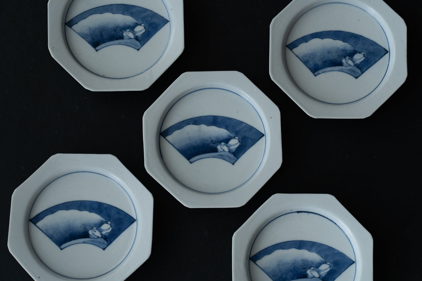 藍九谷扇面鷺文皿五客組