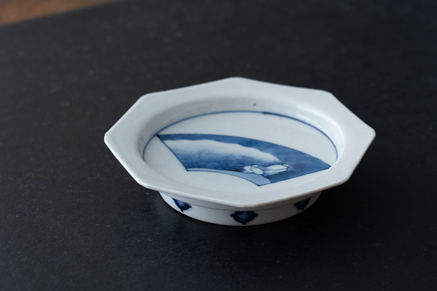 藍九谷扇面鷺文皿五客組