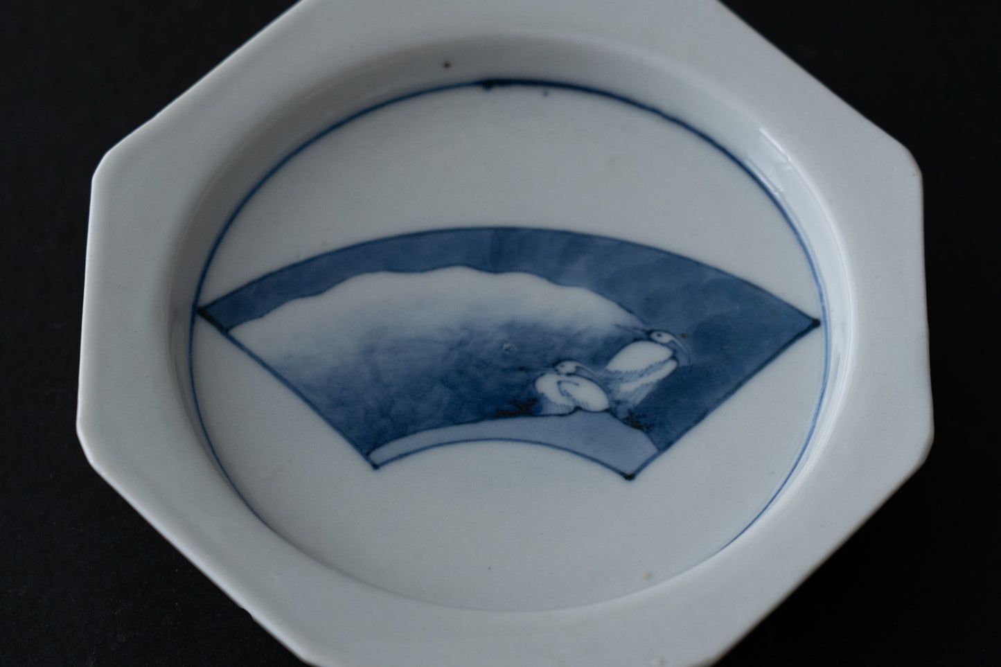 藍九谷扇面鷺文皿五客組