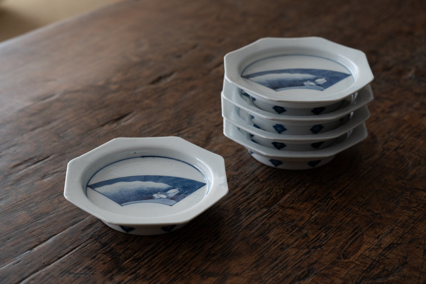 藍九谷扇面鷺文皿五客組