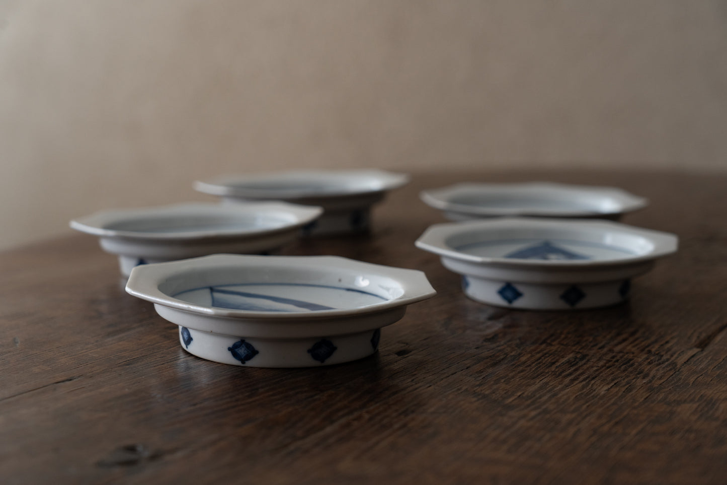 藍九谷扇面鷺文皿五客組